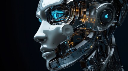 A robotic face with sleek contours and visible internal mechanisms reveals the cutting-edge intricacies of artificial intelligence and futuristic engineering.

