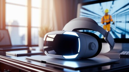 Safety training virtual class concept. Virtual reality headset on a desk with a glowing screen in a modern workspace.