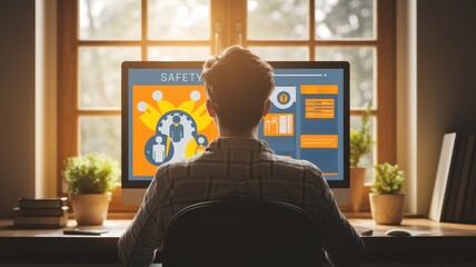 Safety training virtual class concept. Person working at a computer with safety graphics, surrounded by plants and natural light.