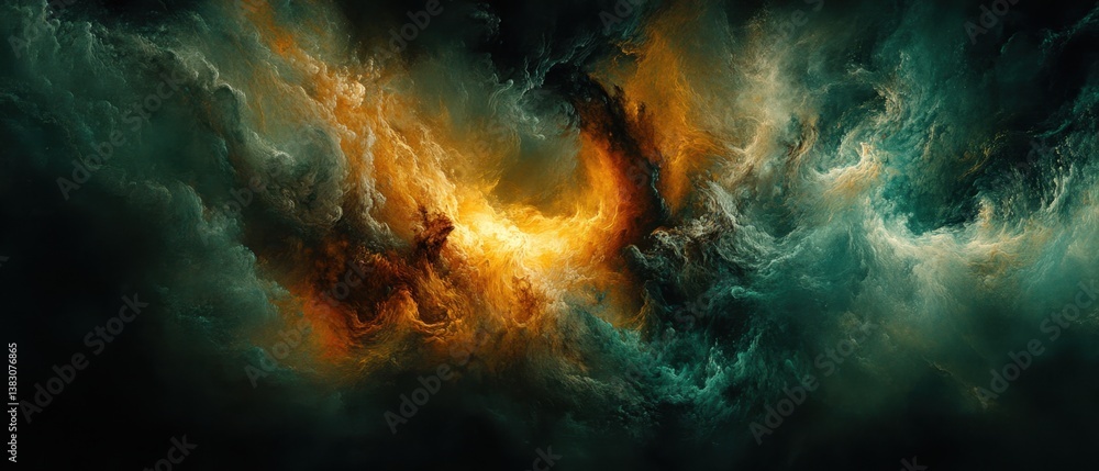 Poster ethereal abstract nebula with luminous golden clouds and swirling teal mist against a dark cosmic ba