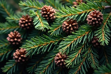 Fototapeta premium Dense fir branches intertwined with rustic pine cones and dried evergreen foliage , seasonal decoration, snowy background