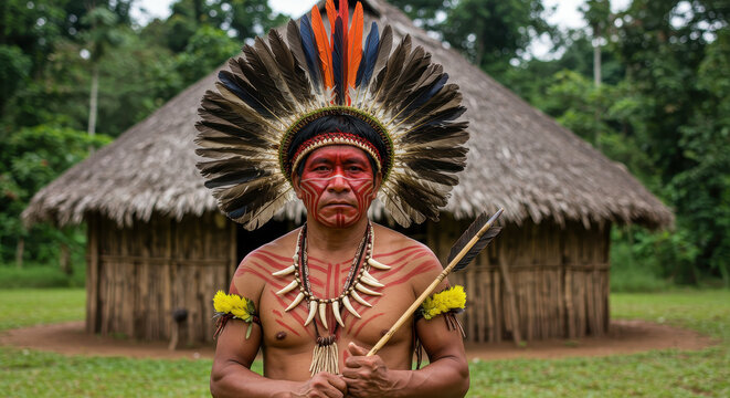 Indigenous Pride: Amazon Tribe Leader in Traditional Headdress & Paint, Holding Arrow near Hut