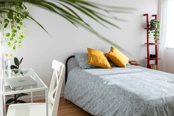 Stylish bedroom with comfortable bed, workspace, and decorative plants creating a relaxing atmosphere