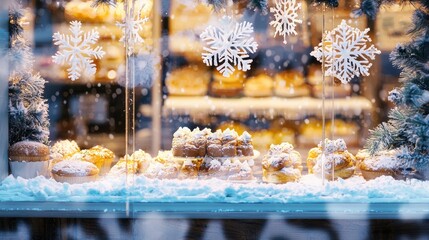 Cozy bakery window displaying beautiful winter pastries dusted with powdered sugar led among festive snowflakes and evergreen decorations outside in snow