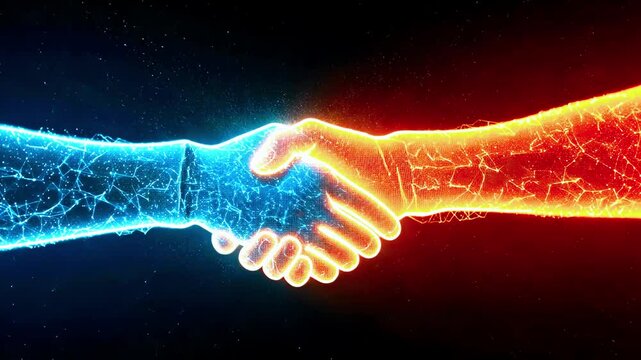Digital representation of a handshake between blue and red hands symbolizing cooperation and unity