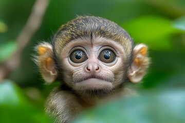 Fototapeta premium Portrait of a Baby Monkey in Lush Green Foliage