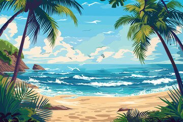 Naklejka premium Sunny day on a tropical beach. Big rocks. Calm waves. Clear sky. Bright warm colors. The beauty of the sea. Seascape, work of art. Vector illustration design