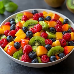 Obraz premium Delicious Summer Fruit Salad Kiwi Peach Raspberry Blueberry Bowl