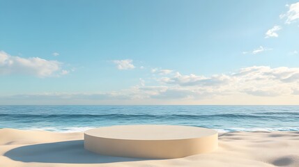 A tranquil beach features a circular stage set upon soft sand, with gentle waves lapping at the shore under a vibrant, cloud-studded sky during sunset.