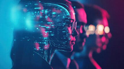 Futuristic image showing a digital interface overlaid on a woman's profile, suggesting advanced technology and connectivity.