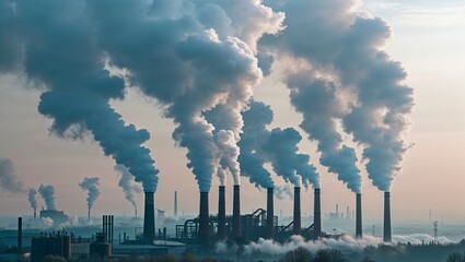 White smoke fumes rose from the industrial chimney, polluting the blue sky with gas from the factory