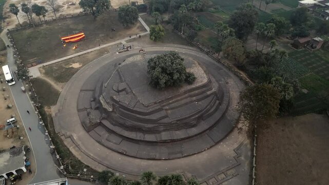 Aerial view of the ancient Sujata Stupa in the village of Bakraur near Bodhgaya, Bihar, India.	