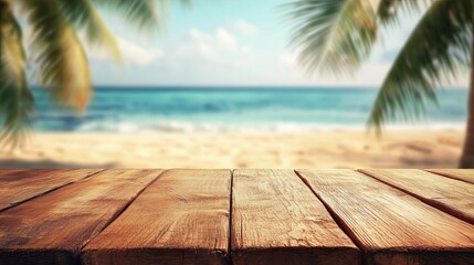Wooden table top with tropical beach background summer vacation product display mockup and coconut palm trees