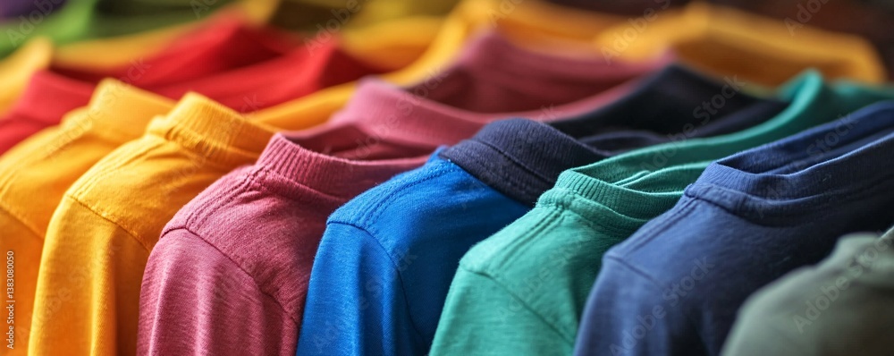Poster perfectly aligned row of vibrant t-shirts on hangers creates a colorful display