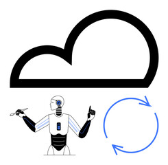 Black cloud, humanoid AI robot holding stylus, blue circular arrows symbolizing automation, innovation. Ideal for technology, AI, data, workflow cloud computing automation progress. Flat simple