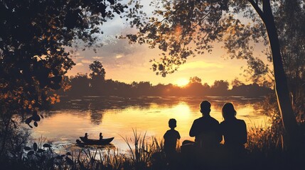 Obraz premium Family silhouette watching sunset over lake landscape painting scenic view nature background art illustration