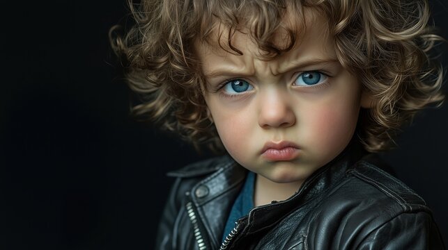 A young child with tousled curls and a leather jacket gazes somberly ahead, their vivid blue eyes shimmering with emotion against a shadowy studio setting.


