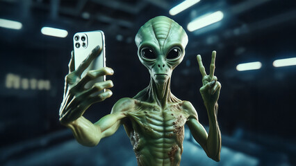 Alien Taking Selfie in Futuristic Space Setting 