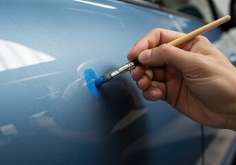 Repairing a scratch on a blue car surface using a brush and touch-up paint