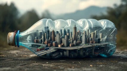 Miniature City Trapped in a Plastic Bottle – Symbol of Pollution, Urbanization, and Environmental Impact. Generative AI.	