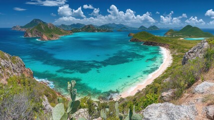 Obraz premium Breathtaking panoramic vista of tropical island paradise with turquoise water and green mountains under a bright blue sky offering serenity and escape