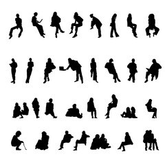 A set of 28 black silhouette illustrations of people in various poses. Includes businesswomen (Ladyboss), men and women working, relaxing, using laptops, and engaging in everyday activities. 