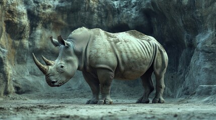 Naklejka premium Rhino standing rocky enclosure, zoo habitat, conservation