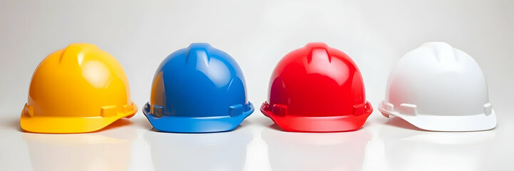 Colorful Hard Hats in a Row Construction Safety Equipment Concept