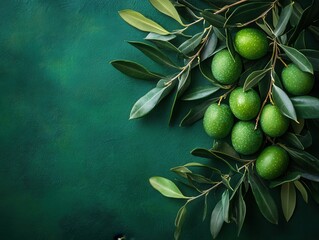 Obraz premium Lush green olive branch with fresh olives against a textured dark green background in a studio shot for Mediterranean cuisine