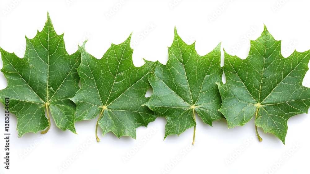 Poster fresh green maple leaves arranged in a row on a clean white background capturing the essence of natu