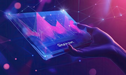 Hand holding a tablet displaying financial data.  Graphical user interface with data visualization