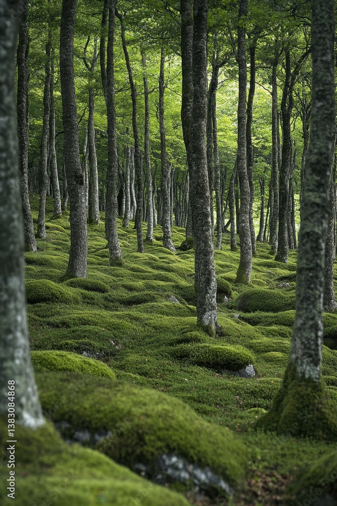 Aufkleber enchanting mossy forest floor with towering trees creating a serene and tranquil atmosphere in a nat