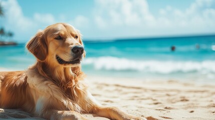 Golden retriever dog relaxing on the beach summer vacation pet friendly travel destination sunny day scene