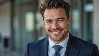 Fototapeta premium Modern portrait headshot of a friendly ceo executive business worker: A smiling businessman with a neatly groomed beard confidently looks at the camera while wearing a dark suit and tie.