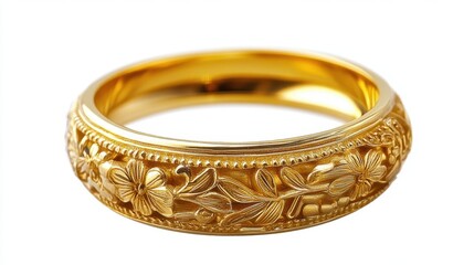 Exquisite Floral Engraved Gold Ring on White Backdrop Capturing Intricate Details and Warm Tones for Elegant Jewelry Design and Fine Craftsmanship