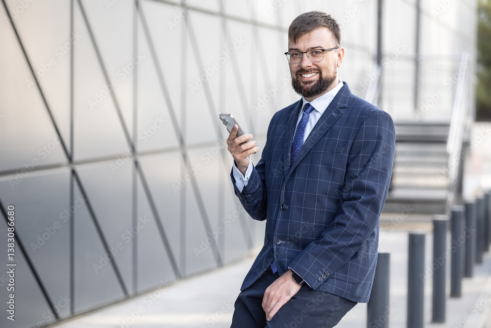 Wall mural man in collar suit is smiling and holding smartphone in front of building. modern tasks using techno