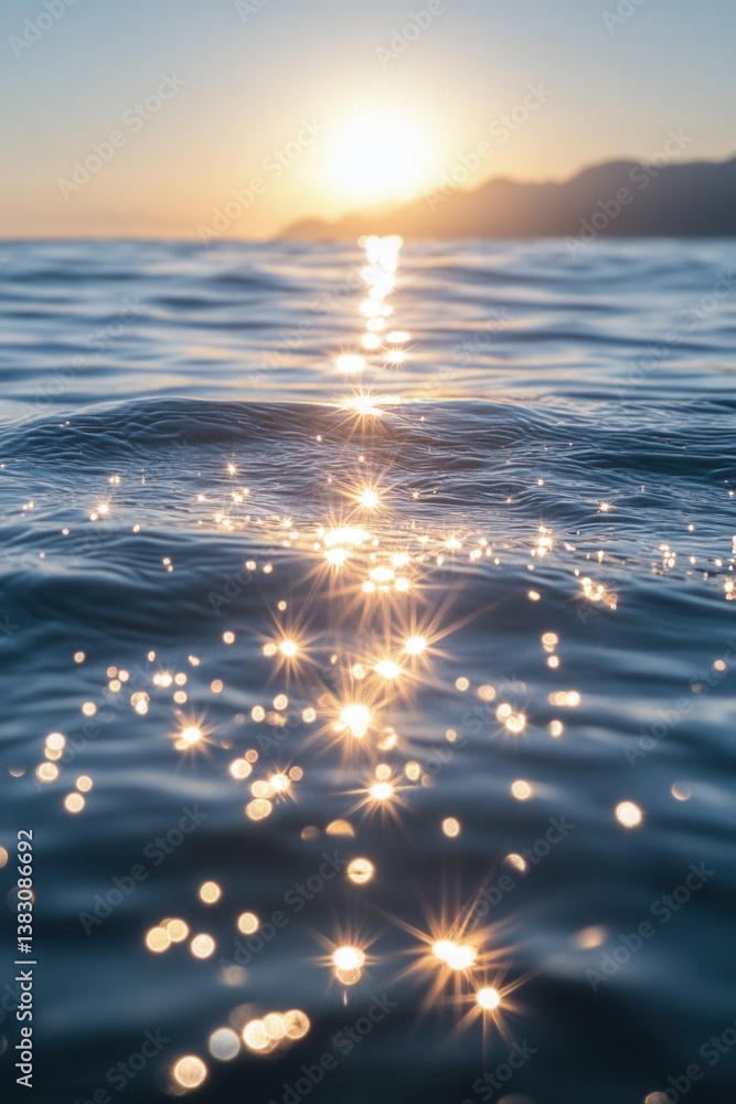 Poster glistening sunlight reflecting on the serene ocean surface at sunset creating a beautiful sparkling 