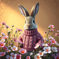 Adorable Bunny in a Sweater Amidst Spring Flowers