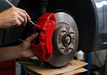 Car brake caliper painting process in automotive workshop with attention to detail