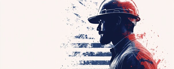 American construction worker standing in front of usa flag silhouette