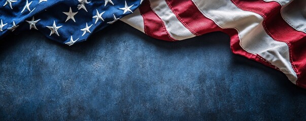 American flag lying on blue grunge background with copy space