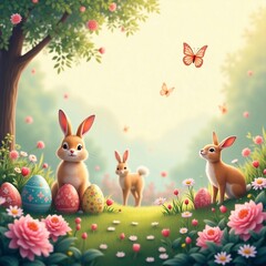 "Charming Spring  Bunnies with Colorful Eggs in a Blooming Spring Meadow"
