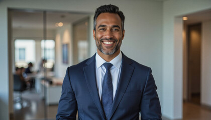 Fototapeta premium Modern portrait headshot of a friendly ceo executive business worker: A smiling, well-dressed businessman with a neatly groomed beard confidently poses in a modern office hallway.