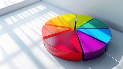 Obraz premium A colorful, business-oriented D pie chart, each part slightly lifted, casting soft shadows on a clean white surface