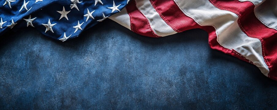 American flag lying on blue grunge background with copy space - Powered by Adobe