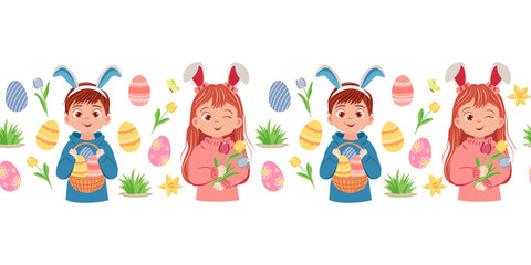 Fototapeta premium Cute children with basket of Easter eggs, bouquet of flowers. Easter seamless border for banner, greeting card, wrapping paper.