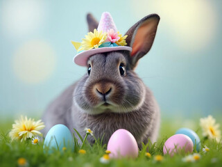A close-up portrait of an adorable grey bunny wearing a tiny Easter bonnet 