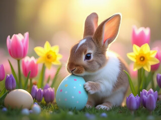 A brown and white rabbit surrounded by blooming spring flowers