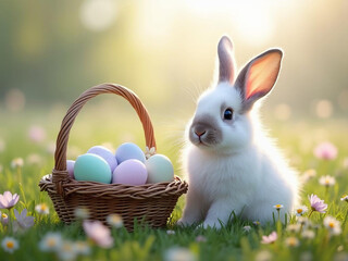 A fluffy white bunny sitting beside a woven basket