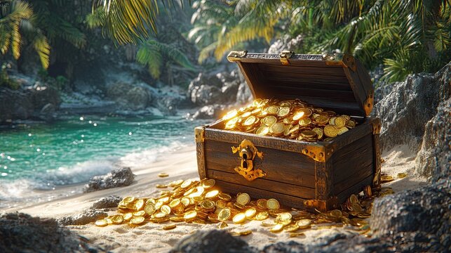 Weathered wooden treasure chest overflowing with gold coins and jewels on deserted island beach, perfect for adventure, mystery, and fantasy themes.